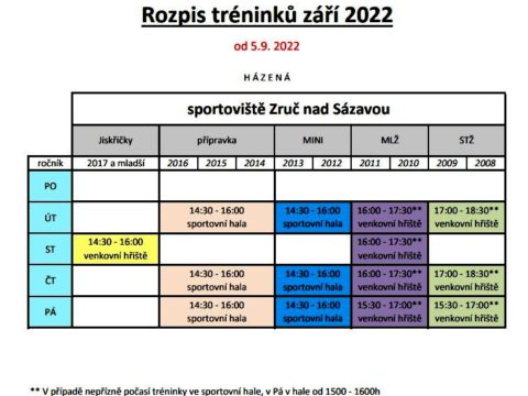 Termínová listina oddílu házené Jiskry a rozvrh tréninků na září 2022