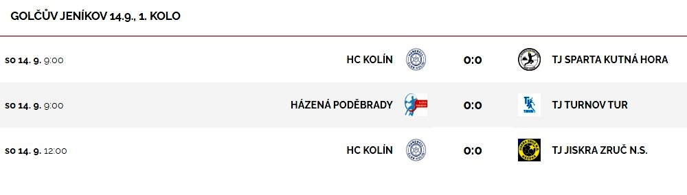 Sobota 14. září – mistrovský turnaj minižáků 4 + 1 v Golčově Jeníkově (HC Kolín)