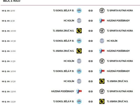 Sobota 5. října – mistrovský turnaj minižáků 5 + 1 v Kutné Hoře (pořadatel Sokol Bělá pod Bezdězem)